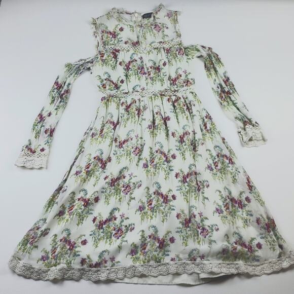 Topshop Cold Shoulder Midi Dress Frayed Lace Boho Floral Long Sleeve Cream 6 - Picture 2 of 9
